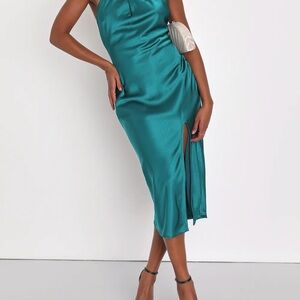 Lulu's Teal Satin Midi Dress